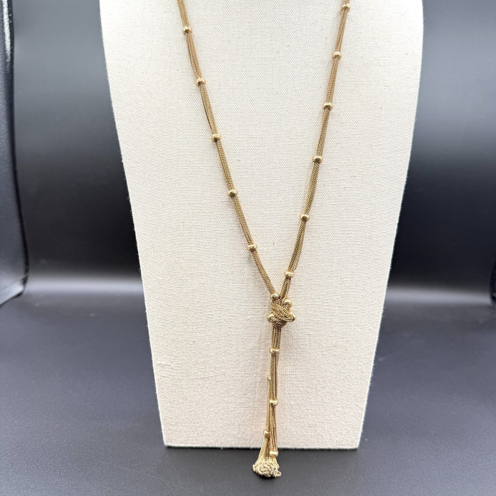 Gold Tone Multi Strand Mesh Chain Lariat Knot Tassel Necklace Statement Boho